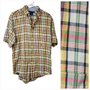 Tommy Hilfiger Yellow Plaid Shirt Short Sleeve Button Front Casual Men's Small